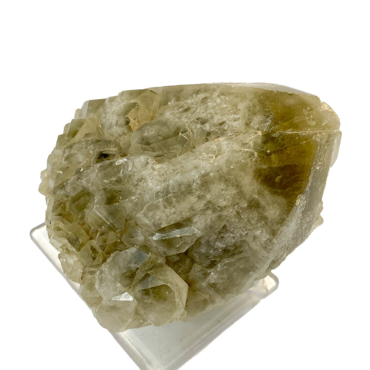 Elestial smoky citrine candle quartz point with daughter crystals on white background