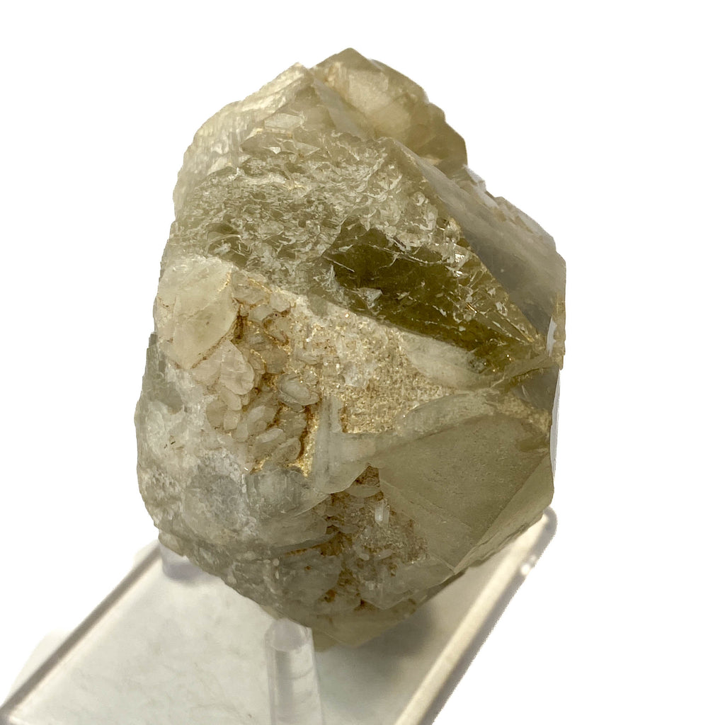 Elestial smoky citrine candle quartz point with daughter crystals on white background