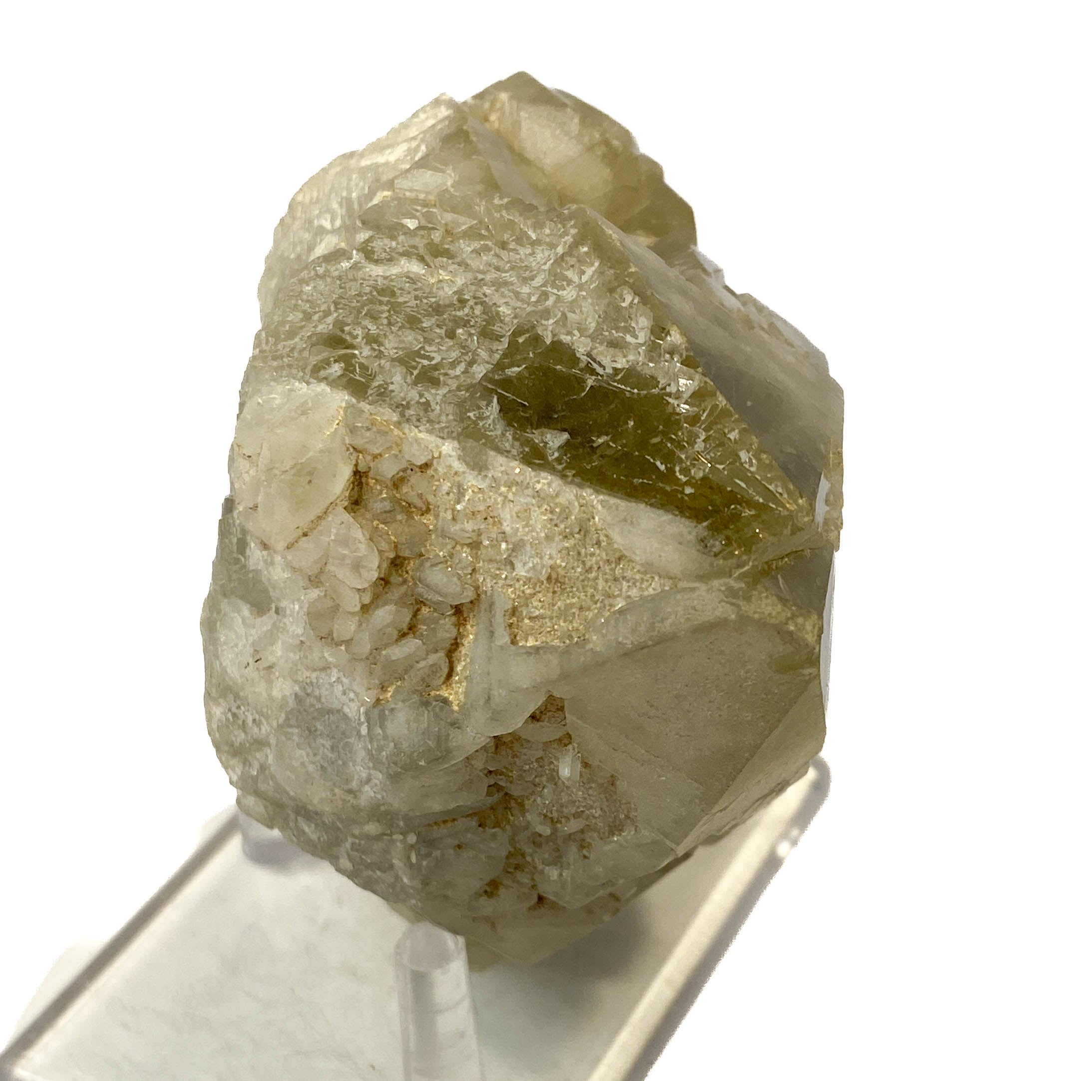 Elestial smoky citrine candle quartz point with daughter crystals on white background