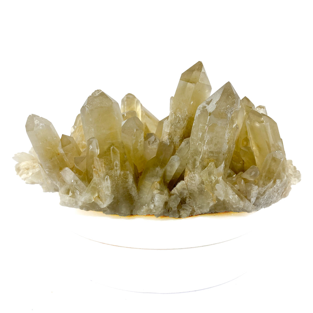 Natural citrine quartz cluster with clear crystal points on white background