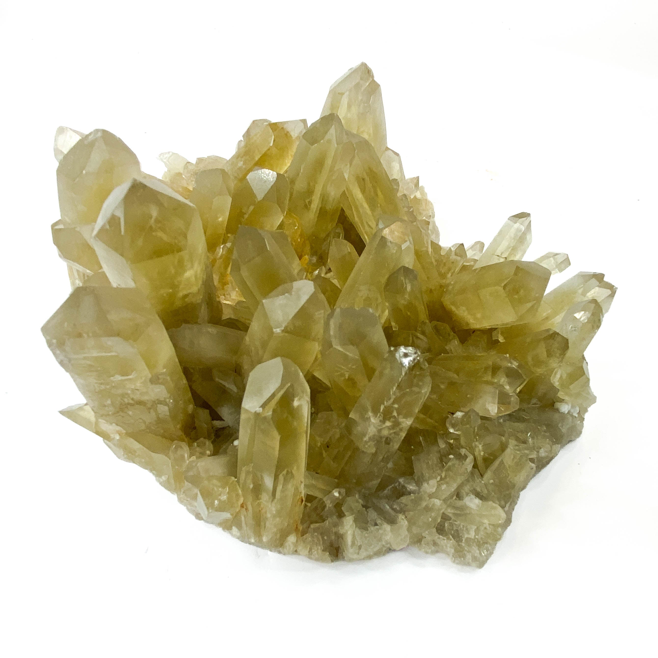 Natural citrine quartz cluster with clear crystal points on white background