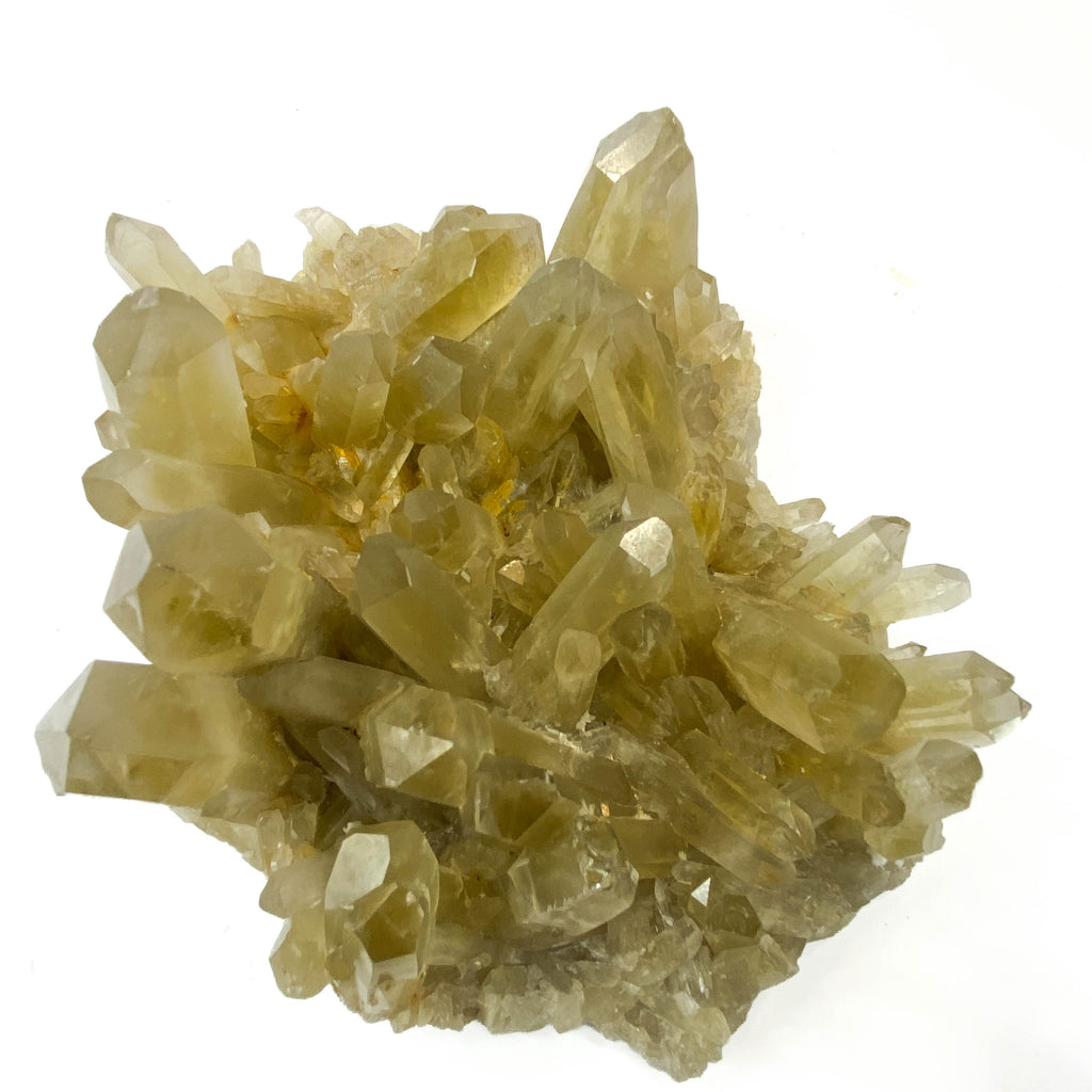 Natural citrine quartz cluster with clear crystal points on white background