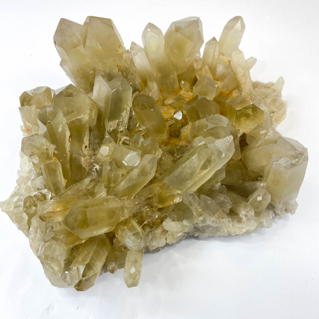 Natural citrine quartz cluster with clear crystal points on white background