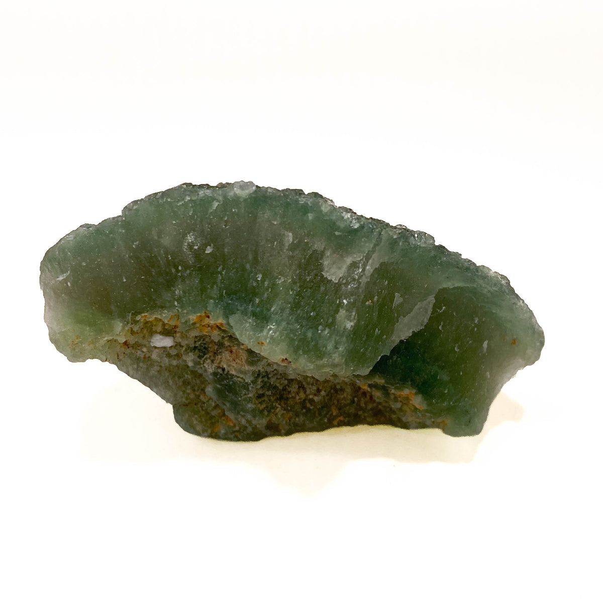 Botryoidal green fluorite specimen on white background