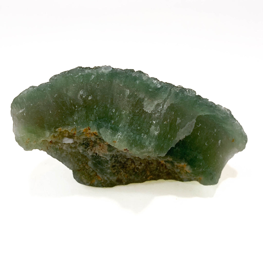 Botryoidal green fluorite specimen on white background
