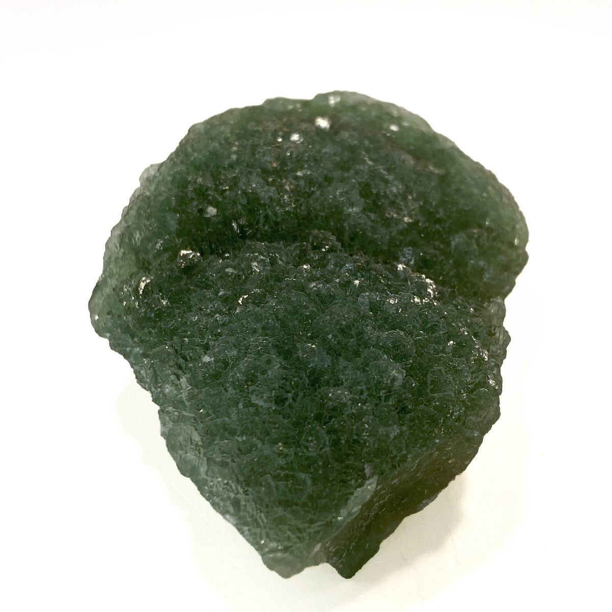 Botryoidal green fluorite specimen on white background