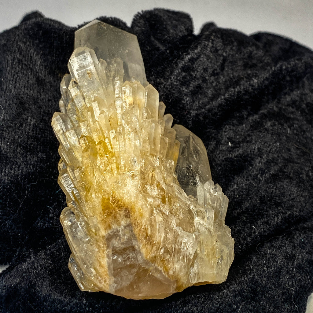 Clear candle quartz crystal cluster with daughter crystals on black cloth background